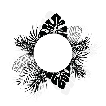 Design tropical avec feuilles de palmier noires et plantes sur fond blanc avec place pour le texte  Illustration