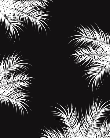 Design tropical com folhas de palmeira brancas e plantas em fundo escuro  Ilustração
