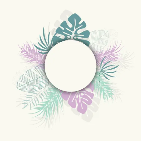 Design tropical com folhas de palmeira coloridas e plantas em fundo branco com lugar para texto  Ilustração