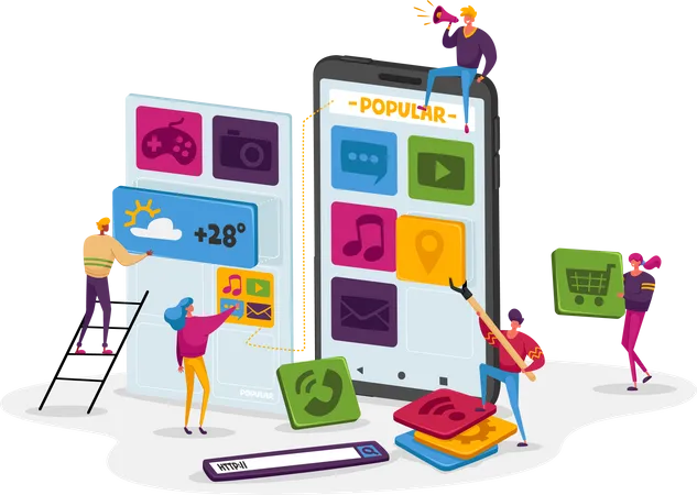 Tiny Characters Team Work At Huge Smartphone Put App Icons On Screen Designers Create Application For Mobile Busy Working Process Teamwork Cooperation Coworking Cartoon People Vector Illustration Illustration