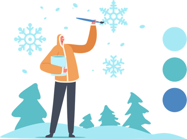 Designer Artist Male in Warm Winter Clothes Painting Snowflakes  Illustration