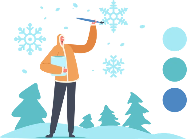 Designer Artist Male in Warm Winter Clothes Painting Snowflakes  Illustration