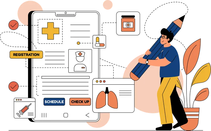 This Illustration Showcases A Designer Creating A Medical Themed UI Design For A Mobile Application Project Making It Perfect For Use In Web Design Posters And Campaigns With Its User Friendly And Editable Design It Serves As A Valuable Resource For Mobile Apps And Tools Whether For A Technical Or Interpersonal Audience This Illustration Is Sure To Inspire And Engage Anyone Interested In App Development Illustration