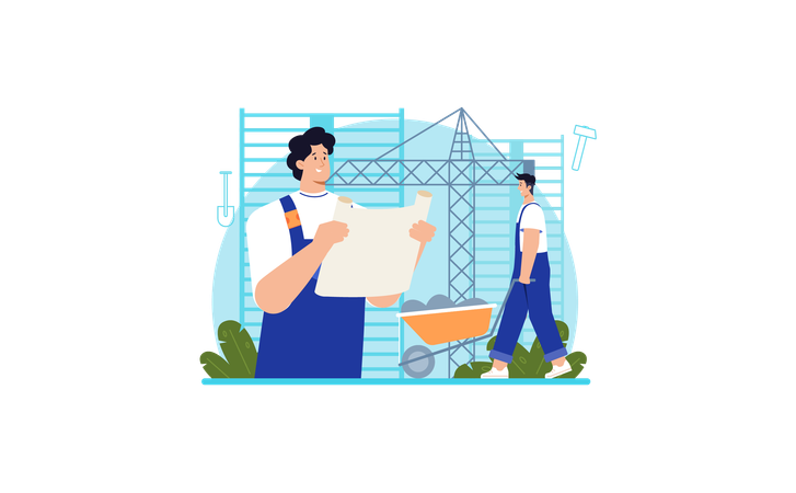 Designer designing construction blueprint  イラスト