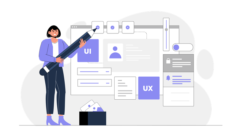 Designer feminina trabalhando em design de UI UX  Ilustração