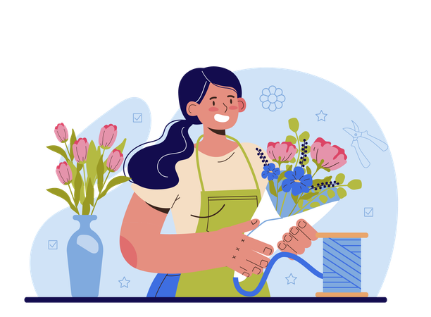 Designer floral fazendo buquê para cliente  Ilustração