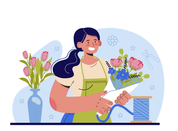 Designer floral fazendo buquê para cliente  Ilustração