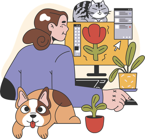 Designer gráfico trabalhando no computador com cachorro  Ilustração