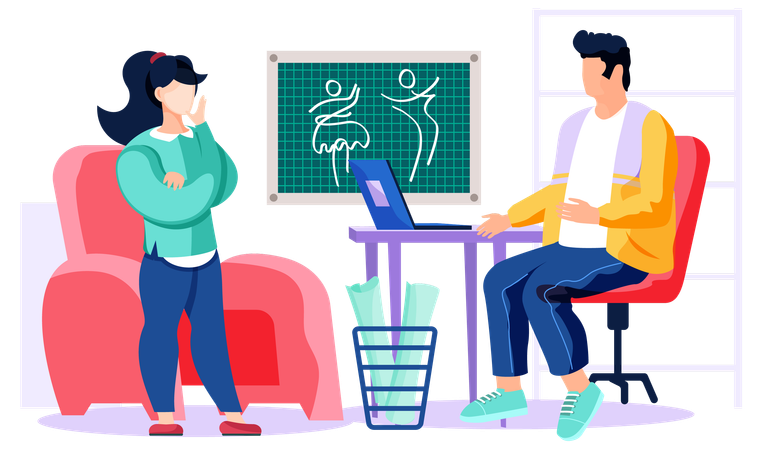 Designer kommuniziert mit dem Kunden über Kleidung  Illustration