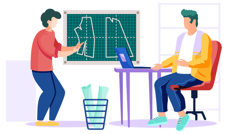 Designer kommuniziert mit dem Kunden über neue Kleidung  Illustration