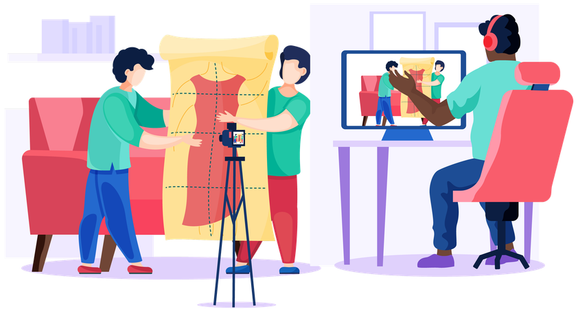 Designer makes making video of clothes according to drawing  Illustration