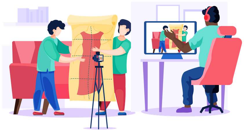 Designer makes making video of clothes according to drawing  Illustration