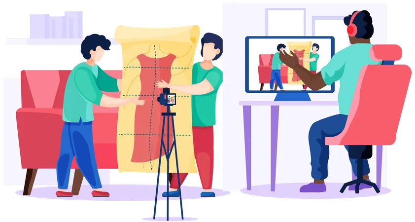 Designer makes making video of clothes according to drawing  Illustration