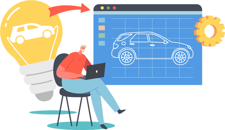 Designer Male Incarnate Idea of Automobile Model Prototyping in Computer Program  Illustration