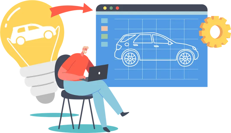 Designer Male Incarnate Idea of Automobile Model Prototyping in Computer Program  Illustration