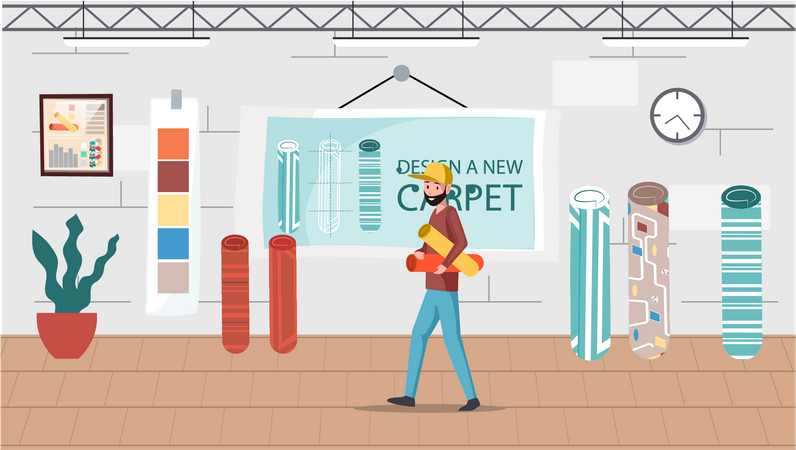 Designer masculino escolhe tapete em loja têxtil  Ilustração
