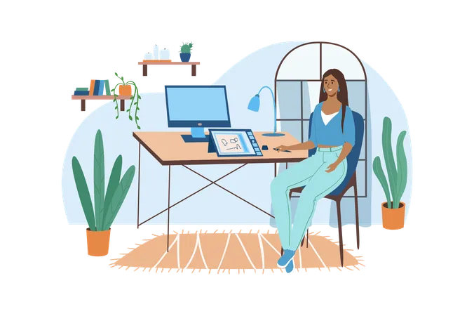 Workplace Blue Concept With People Scene In The Flat Cartoon Style Designer Set Up Her Work Place At Home Vector Illustration Illustration