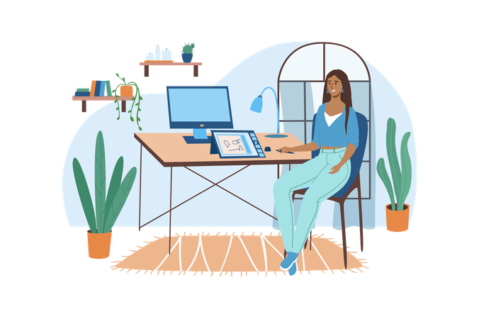 Designer set up her work place at home  Illustration