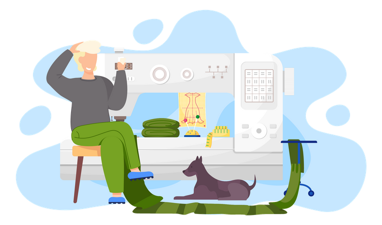 Designer sitting near sewing machine and thinks over the next move Illustration