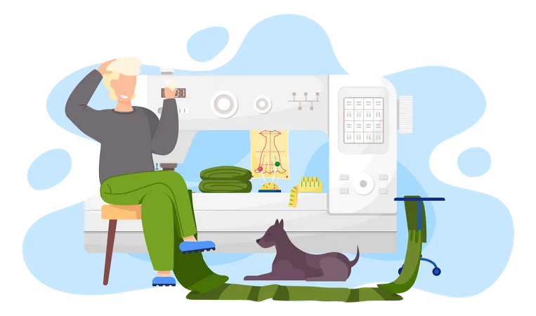 Designer sitting near sewing machine and thinks over the next move Illustration