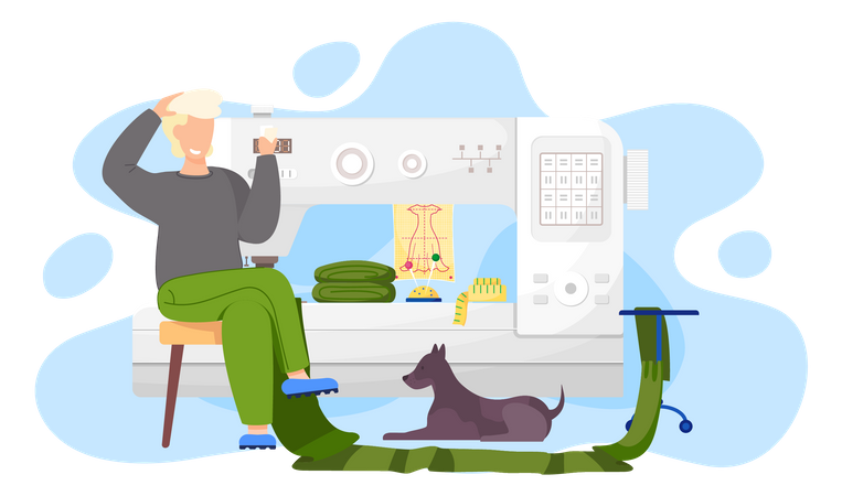 Designer sitting near sewing machine and thinks over the next move  Illustration