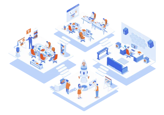 Designer Studio Concept 3 D Isometric Web Scene With Infographic People Work At Different Creativity Rooms Meeting And Brainstorming At Agency Office Vector Illustration In Isometry Graphic Design Illustration