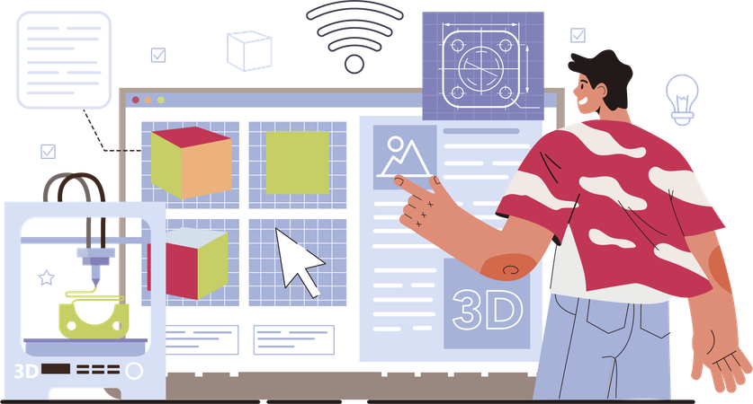 Designer working on 3D shapes  Illustration