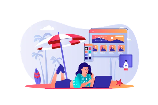 Designerin arbeitet am Laptop und liegt am Strand am Meer  Illustration