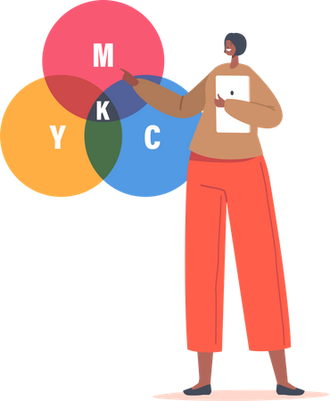 Designerin wählt Farben aus CMYK-Palette für den Druck aus  Illustration