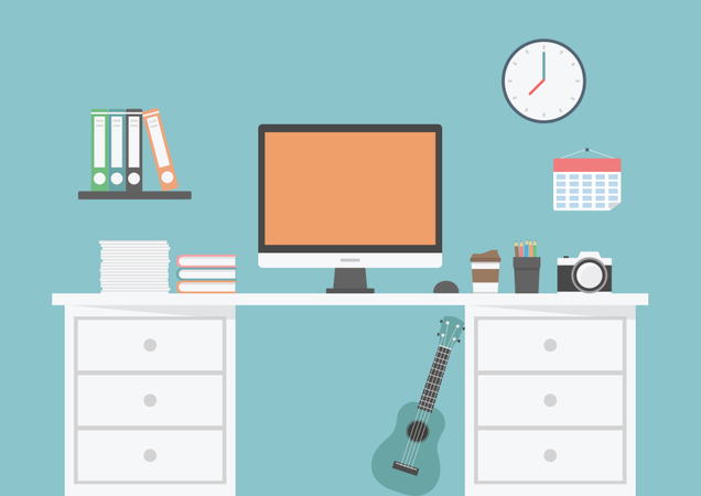 Designer's Equipment On Desk, Coffee, Camera, Book, Workspace And Creative Zone  Illustration