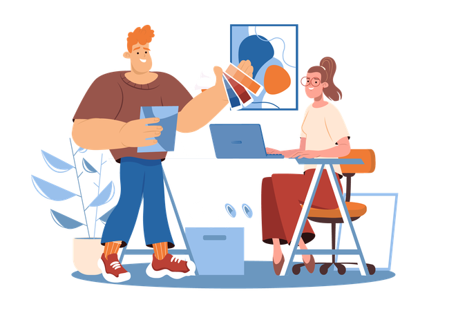 Designers work in the studio and choose colors for new projects  Illustration