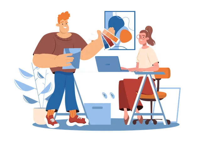 Design Studio Blue Concept With People Scene In The Flat Cartoon Style Illustration