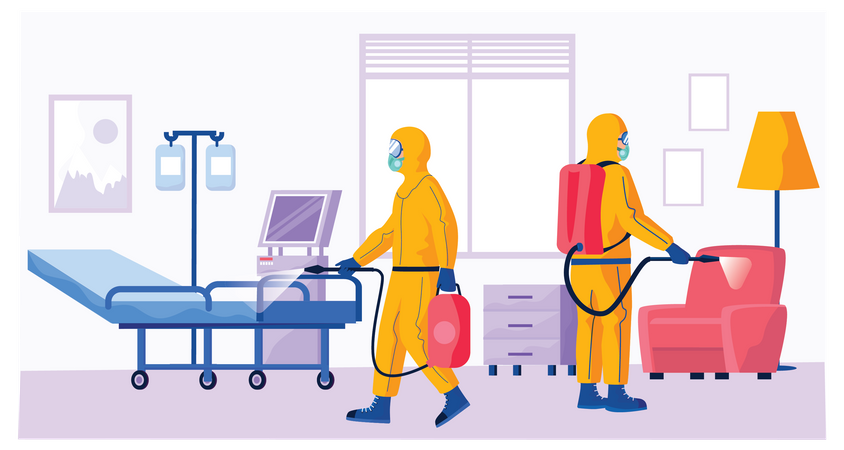 Desinfektionsmittel-Mitarbeiter desinfizieren Krankenzimmer  Illustration