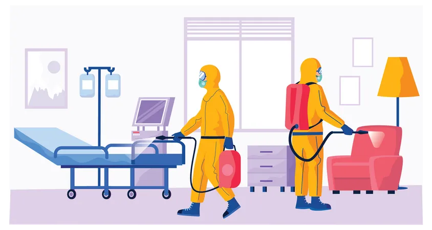 Desinfektionsmittel-Mitarbeiter desinfizieren Krankenzimmer  Illustration