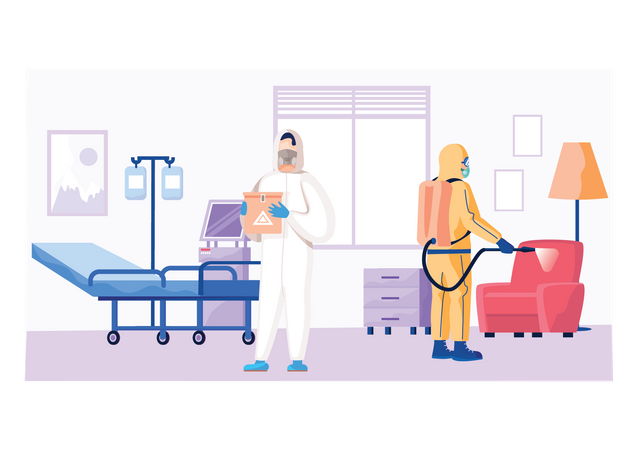 Desinfektionsmittel-Mitarbeiter desinfizieren Krankenzimmer  Illustration