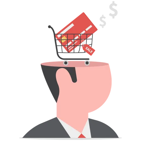 Consumerism Wanting Mind Or Desire To Buy And Purchasing More Buying Therapy Or Shopping Addiction Concept Human Head With Shopping Cart With Credit Card And Sale Price Tag In His Brain Illustration