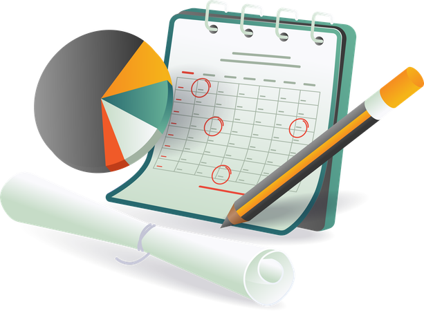 Desk items like a calendar, pencil, paper, and pie chart  Illustration