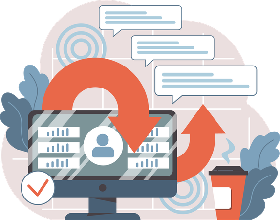 Desktop displays data analysis while continuous circle arrow indicates ongoing evaluation from user comments  Illustration