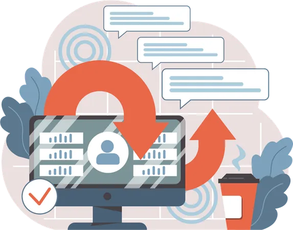 Desktop displays data analysis while continuous circle arrow indicates ongoing evaluation from user comments  Illustration