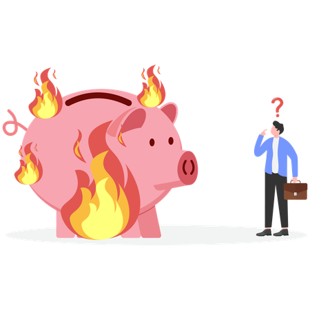 Desperate businessman looking at burning piggybank  Illustration