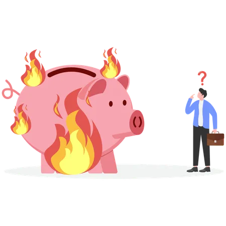 Desperate businessman looking at burning piggybank  Illustration