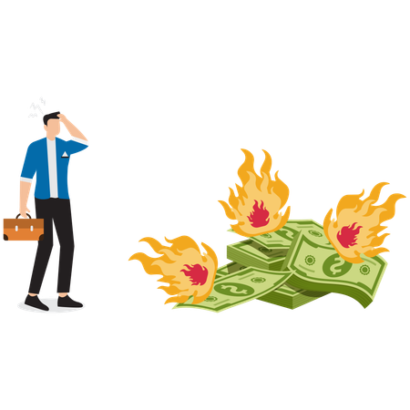 Desperate Businessman Standing on Burning Bills  Illustration