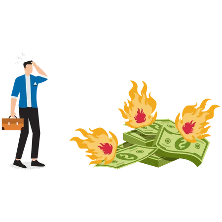 Desperate Businessman Standing on Burning Bills  Illustration