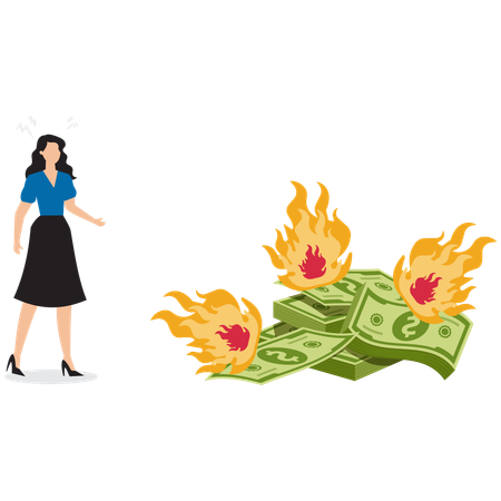 Desperate Businesswoman Standing on Burning Bills  Illustration