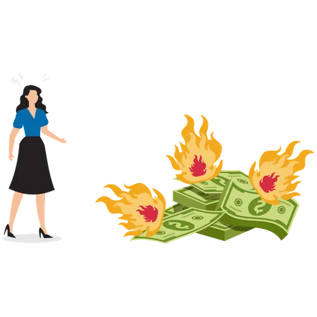 Desperate Businesswoman Standing on Burning Bills  Illustration