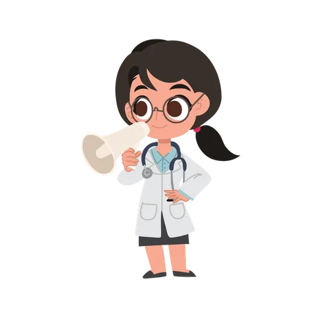 Dessin animé mignon de femme médecin avec mégaphone faisant une annonce à l'hôpital  Illustration