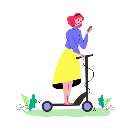 Femme de dessin animé chevauchant un scooter électrique et regardant l'écran du téléphone portable  Illustration