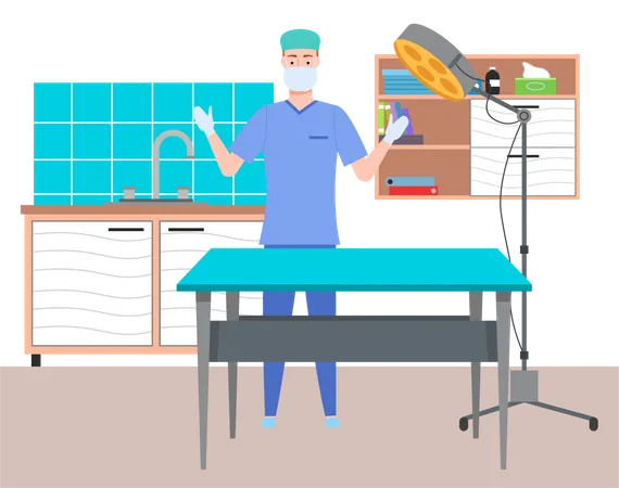 Médecin de sexe masculin de dessin animé dans le cabinet médical avec des gants et un masque facial  Illustration