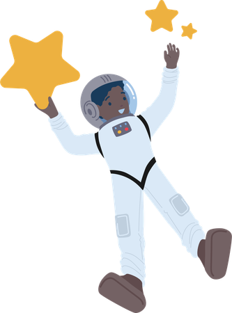 O destemido garoto negro astronauta flutua entre as estrelas  Ilustração