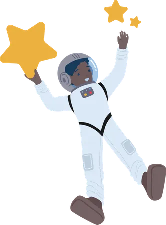O destemido garoto negro astronauta flutua entre as estrelas  Ilustração